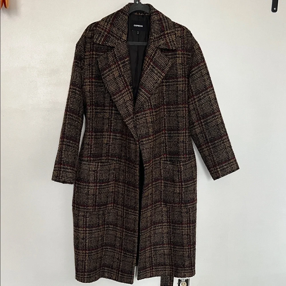 Express Tan Red Navy Tweed Plaid Coat - Picture 9 of 12